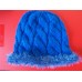 Hand knitted cozy lacy beanie/hat with fuzzy trim  blue  eb-46403784